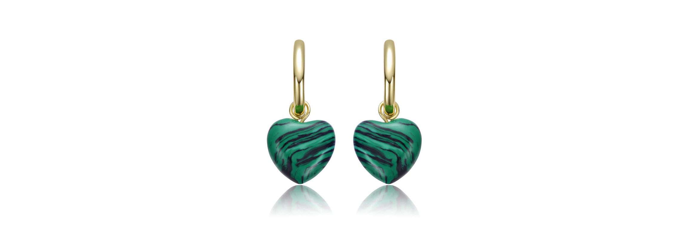 Lab Created Sterling Silver 14K Gold Plated with Simulated Malachite Puffed Heart Dangle Earrings