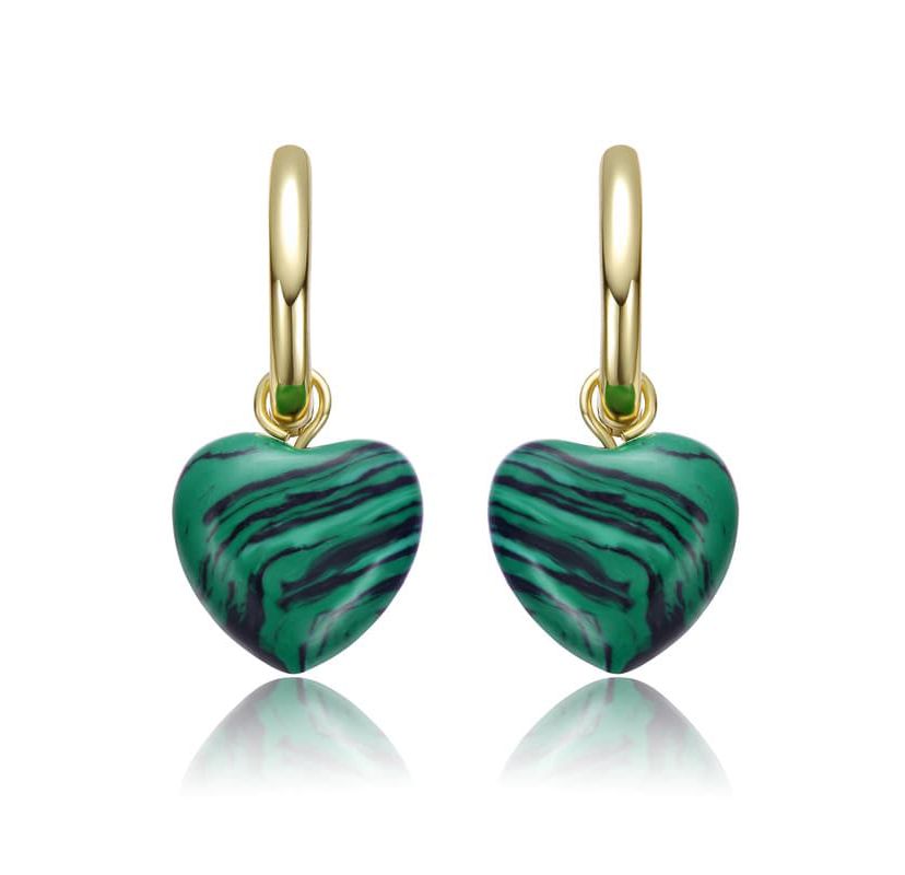 Lab Created Sterling Silver 14K Gold Plated with Simulated Malachite Puffed Heart Dangle Earrings