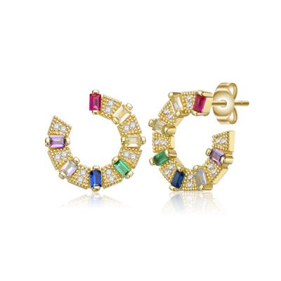 Rozzato Lab Created Sterling Silver 14K Gold Plated with Rainbow Cubic Zirconia Front-Facing C-Hoop Earrings
