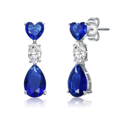 Rozzato Lab Created Sterling Silver White Gold Plated with Blue & White Cubic Zirconia Three-Stone Linear Dangle Earrings