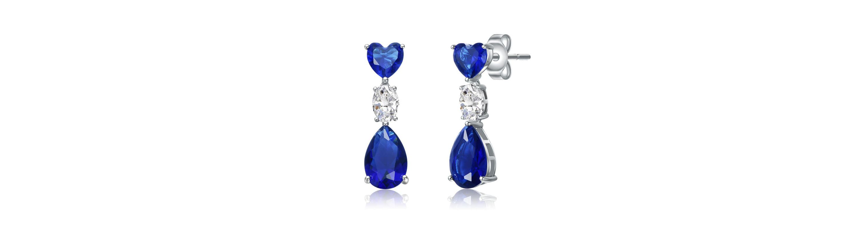Lab Created Sterling Silver White Gold Plated with Blue & White Cubic Zirconia Three-Stone Linear Dangle Earrings
