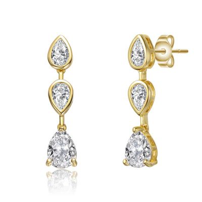 Rozzato Lab Created Sterling Silver 14K Gold Plated with Clear Cubic Zirconia Three-Stone Pear Drop Earrings