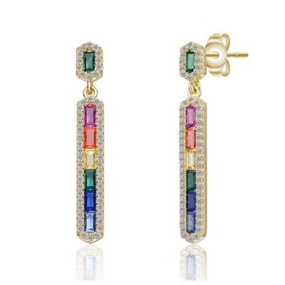 Rozzato Lab Created Sterling Silver 14K Gold Plated with Multi-Colored Cubic Zirconia Linear Dangle Earrings