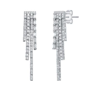 Rozzato Lab Created Sterling Silver White Gold Plated with Clear Cubic Zirconia Graduated Fringe Dangle Earrings