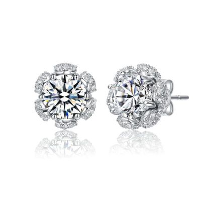 Rozzato Lab Created Sterling Silver White Gold Plated with Clear Cubic Zirconia Flower Halo Stud Earrings