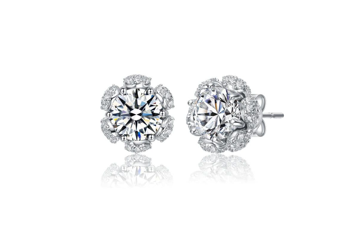 Lab Created Sterling Silver White Gold Plated with Clear Cubic Zirconia Flower Halo Stud Earrings