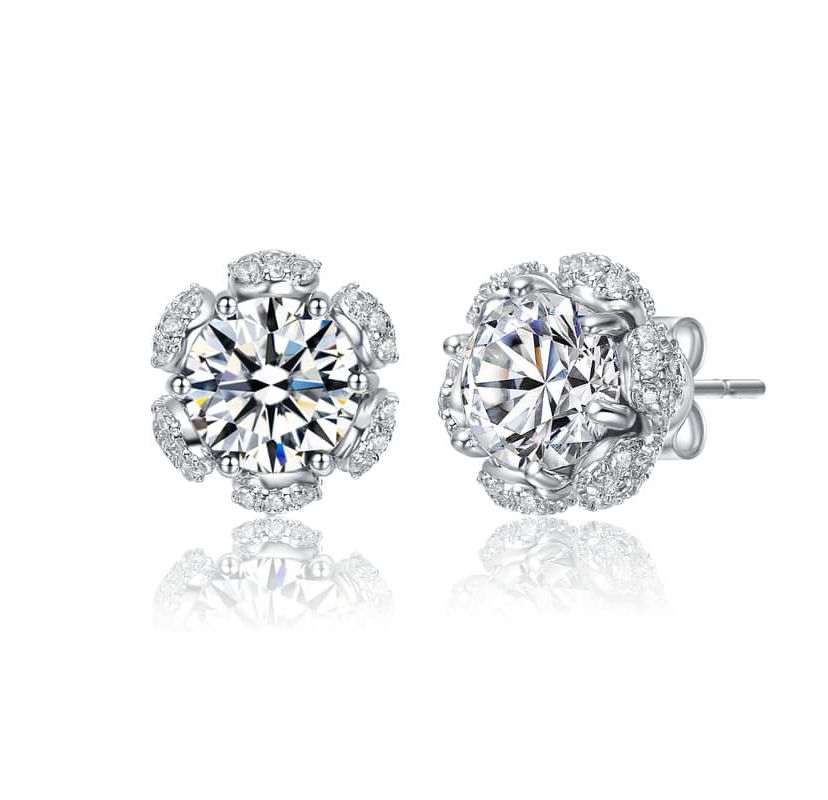 Lab Created Sterling Silver White Gold Plated with Clear Cubic Zirconia Flower Halo Stud Earrings