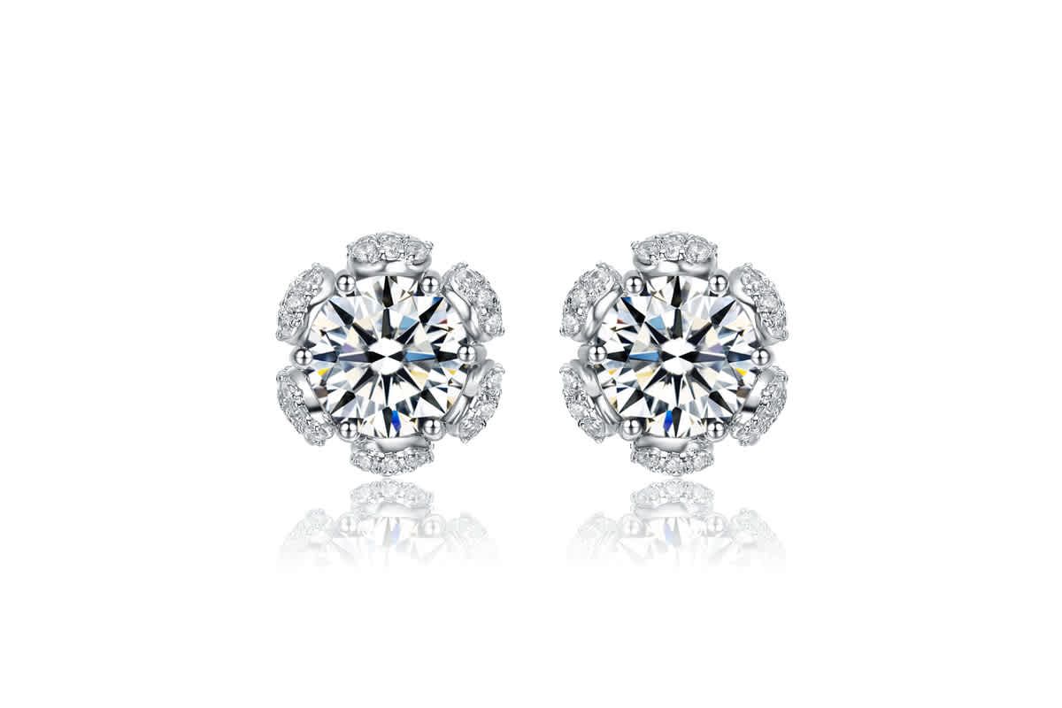 Lab Created Sterling Silver White Gold Plated with Clear Cubic Zirconia Flower Halo Stud Earrings