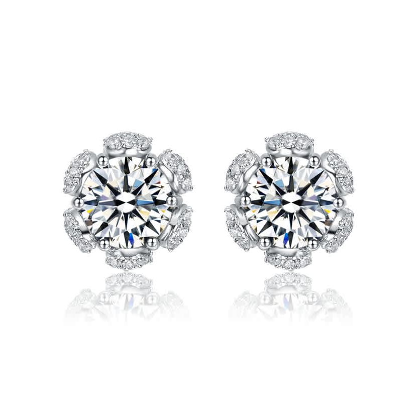 Lab Created Sterling Silver White Gold Plated with Clear Cubic Zirconia Flower Halo Stud Earrings
