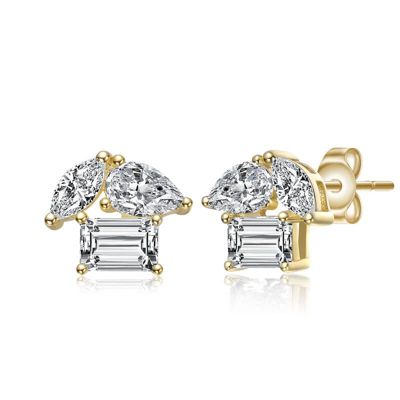 Rozzato Lab Created Sterling Silver 14K Gold Plated with Clear Marquise & Emerald Cut Triple Stone Stud Earrings
