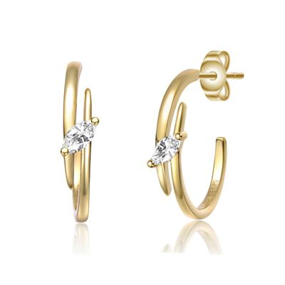 Rozzato Lab Created Sterling Silver 14K Gold Plated with Clear Cubic Zirconia Double Curve C-Hoop Earrings