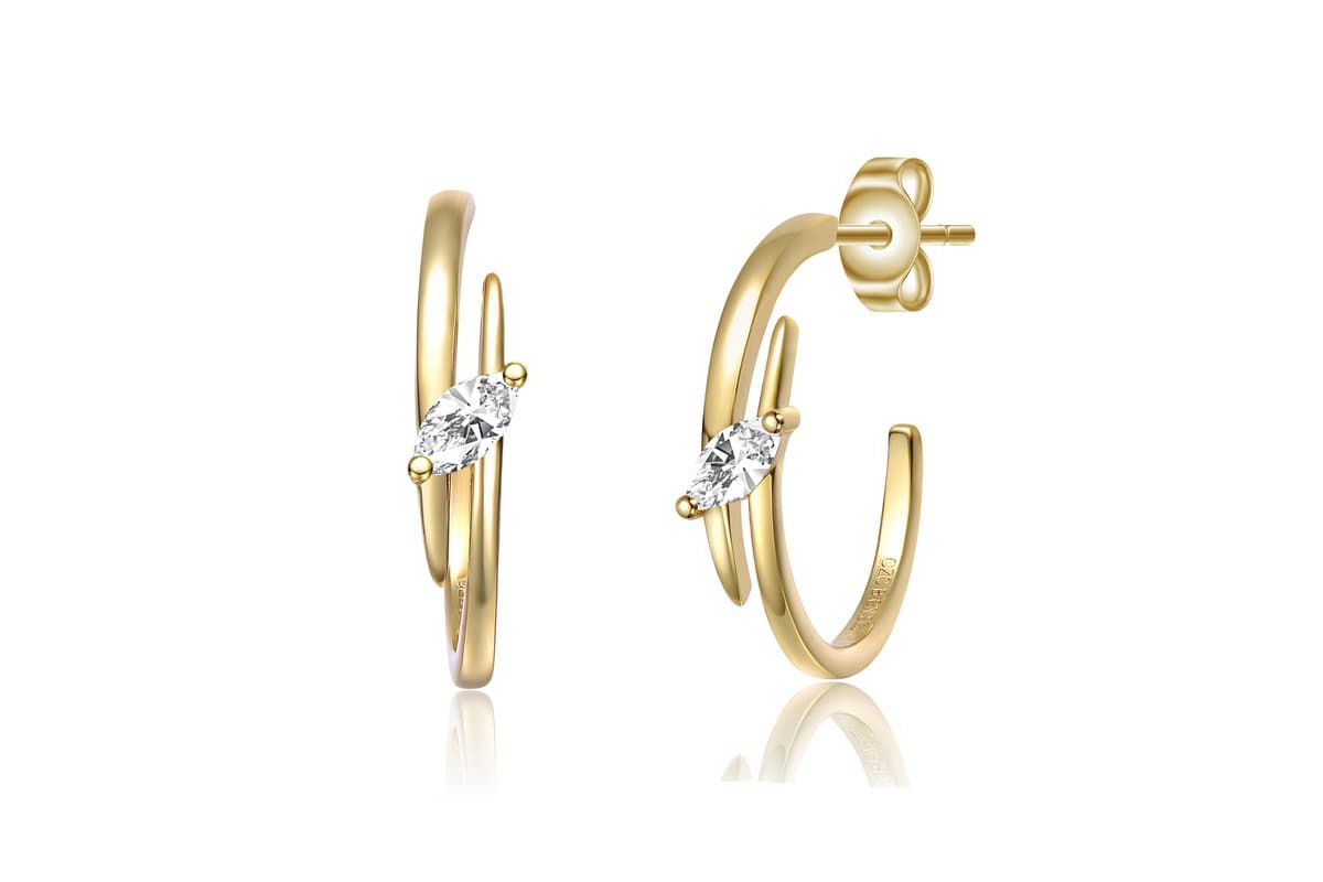 Lab Created Sterling Silver 14K Gold Plated with Clear Cubic Zirconia Double Curve C-Hoop Earrings