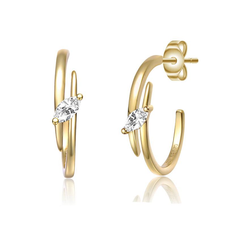 Lab Created Sterling Silver 14K Gold Plated with Clear Cubic Zirconia Double Curve C-Hoop Earrings