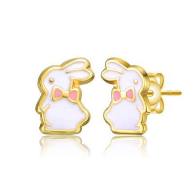 Rozzato Sterling Silver 14K Gold Plated White Enamel & Pink Bow Tie Bunny Rabbit Stud Earrings for Kids