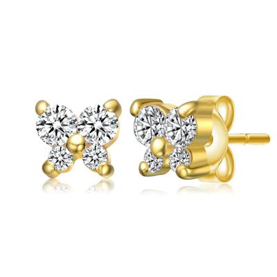 Rozzato Lab Created Sterling Silver 14K Gold Plated with Clear Cubic Zirconia Four-Stone Butterfly Cluster Stud Earrings for Kids