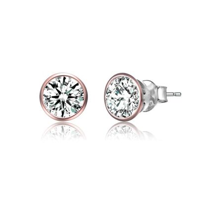 Rozzato Lab Created Sterling Silver 18K Rose Gold Plated with Clear Cubic Zirconia Stud Earrings, White
