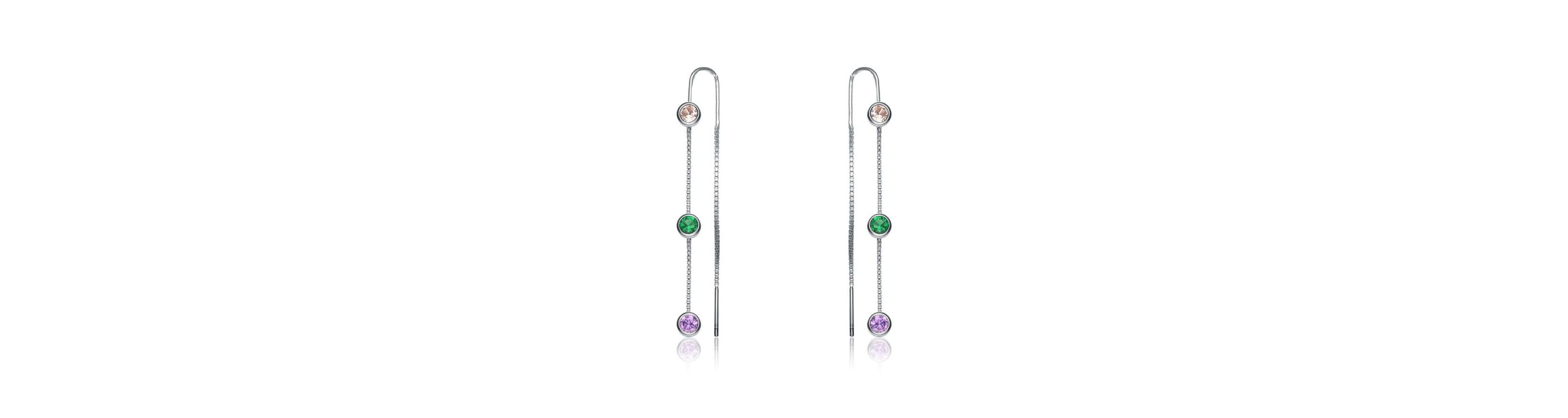 Lab Created Sterling Silver White Gold Plated with Round Multi-Color Bezel Set Threaded Earrings