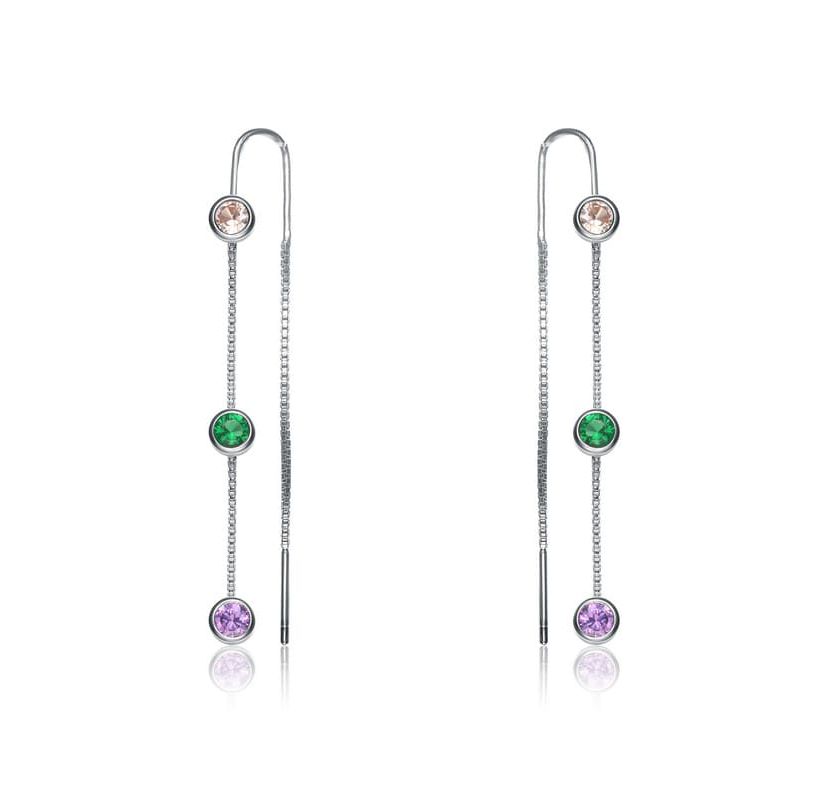 Lab Created Sterling Silver White Gold Plated with Round Multi-Color Bezel Set Threaded Earrings