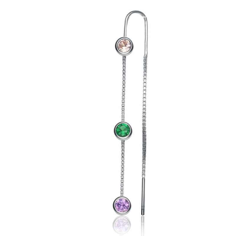 Lab Created Sterling Silver White Gold Plated with Round Multi-Color Bezel Set Threaded Earrings