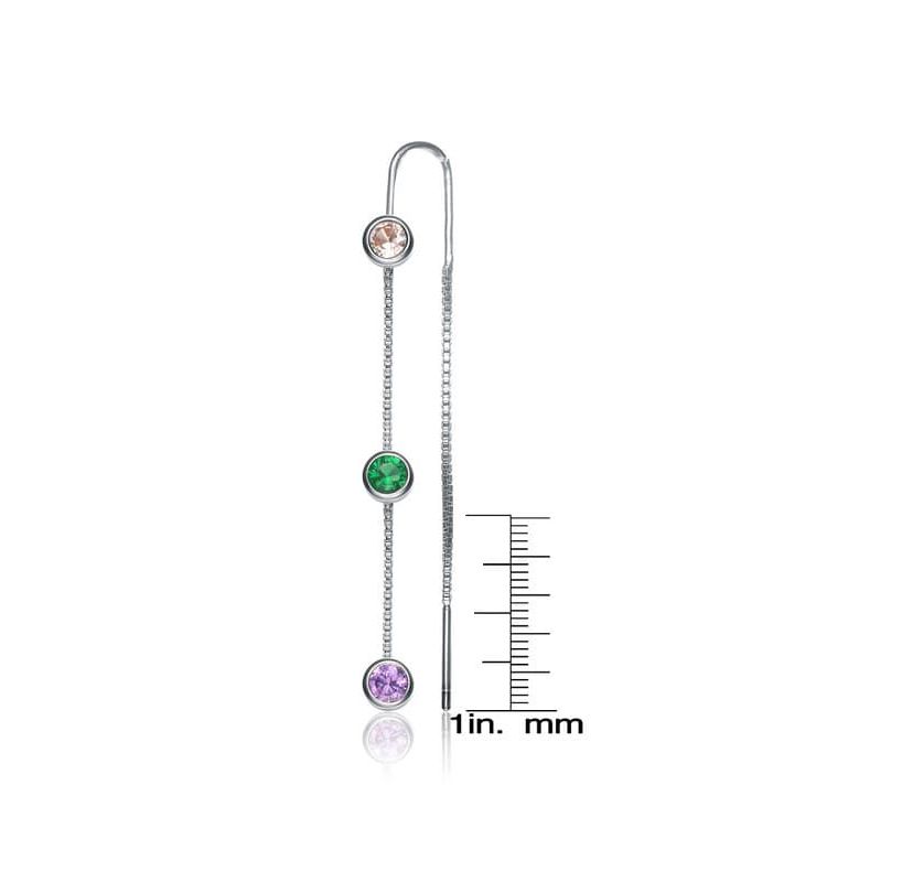 Lab Created Sterling Silver White Gold Plated with Round Multi-Color Bezel Set Threaded Earrings