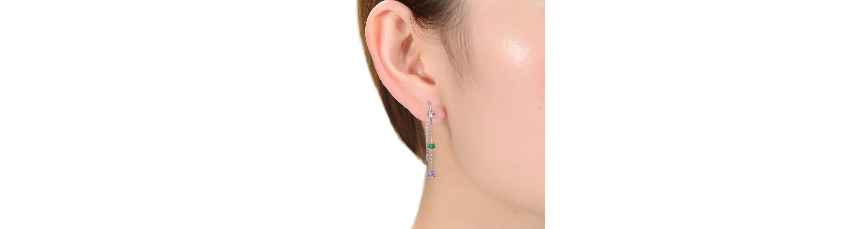 Lab Created Sterling Silver White Gold Plated with Round Multi-Color Bezel Set Threaded Earrings