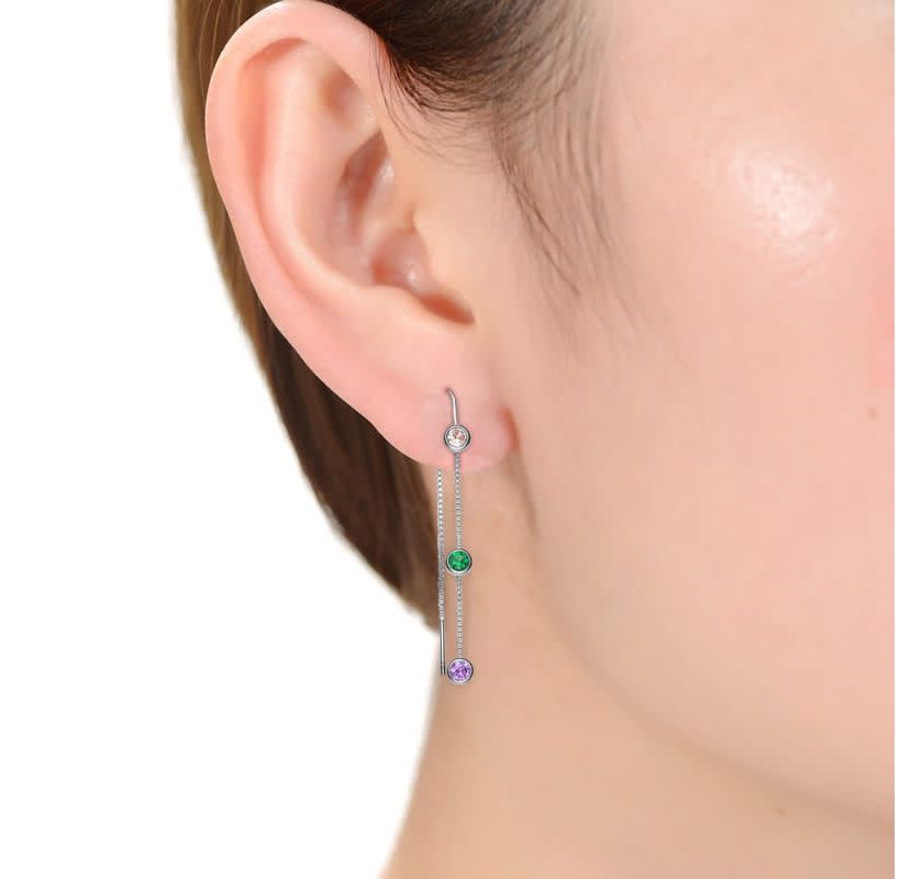 Lab Created Sterling Silver White Gold Plated with Round Multi-Color Bezel Set Threaded Earrings