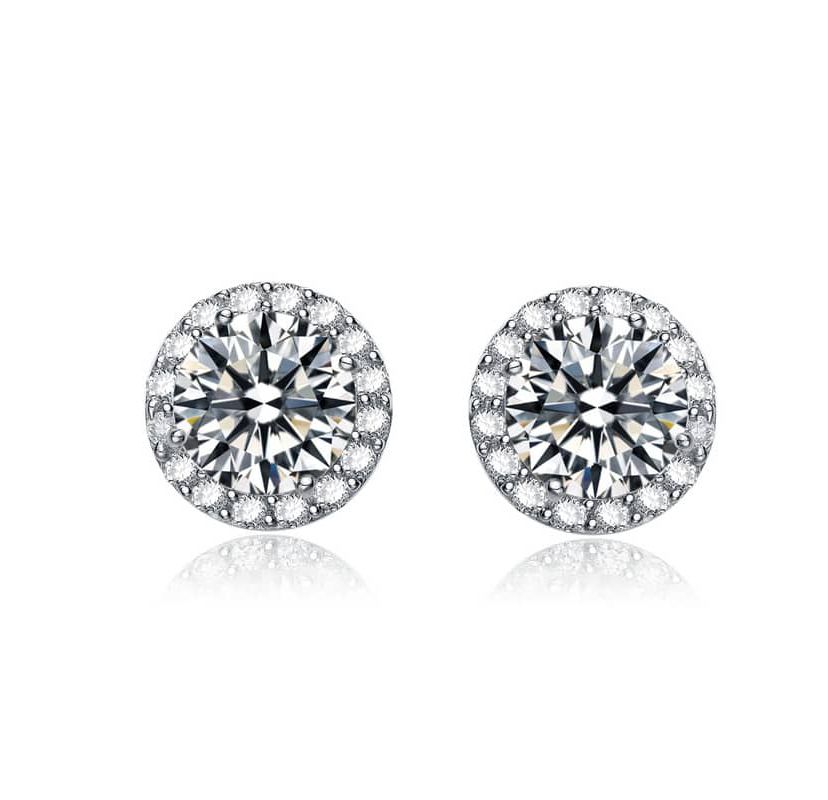 Lab Created Sterling Silver White Gold Plated with Clear Cubic Zirconia Round Stud Earrings