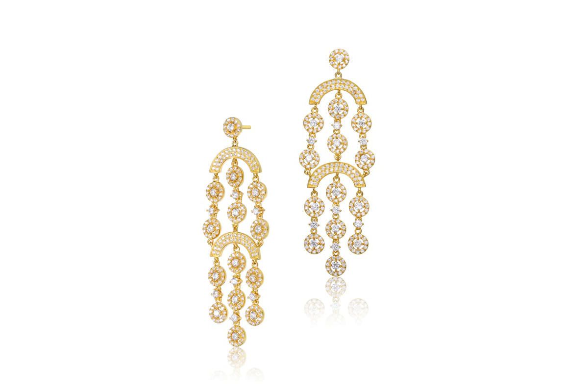 Lab Created Sterling Silver 14K Gold Plated with Clear Cubic Zirconia Double Tier Chandelier Drop Earrings
