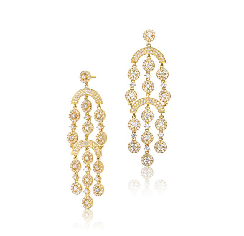 Lab Created Sterling Silver 14K Gold Plated with Clear Cubic Zirconia Double Tier Chandelier Drop Earrings