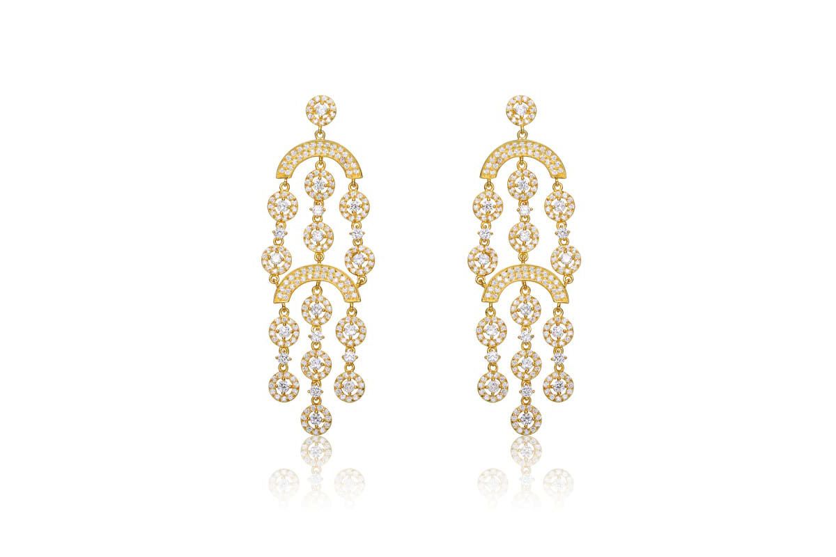 Lab Created Sterling Silver 14K Gold Plated with Clear Cubic Zirconia Double Tier Chandelier Drop Earrings