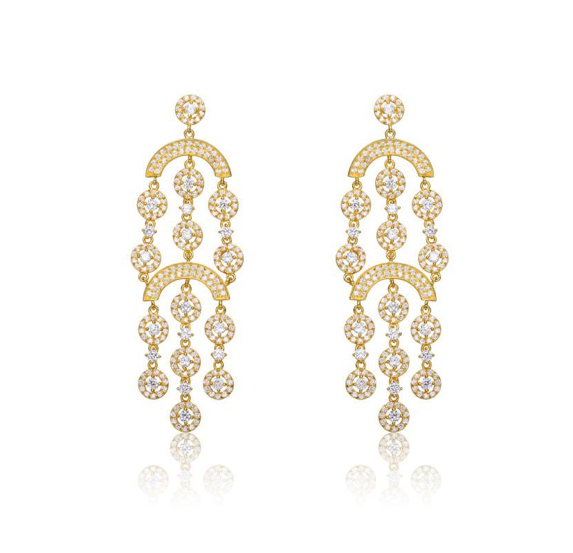 Lab Created Sterling Silver 14K Gold Plated with Clear Cubic Zirconia Double Tier Chandelier Drop Earrings