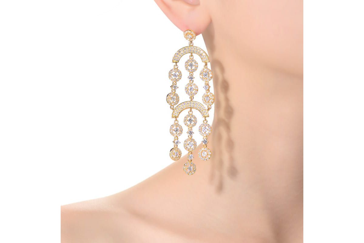 Lab Created Sterling Silver 14K Gold Plated with Clear Cubic Zirconia Double Tier Chandelier Drop Earrings