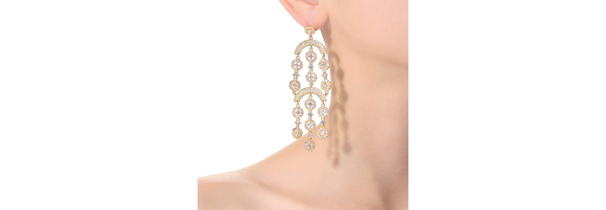 Lab Created Sterling Silver 14K Gold Plated with Clear Cubic Zirconia Double Tier Chandelier Drop Earrings
