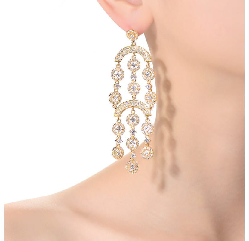 Lab Created Sterling Silver 14K Gold Plated with Clear Cubic Zirconia Double Tier Chandelier Drop Earrings