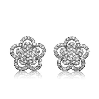 Rozzato Lab Created Sterling Silver White Gold Plating with Clear Cubic Zirconia Double flower Stud Earrings