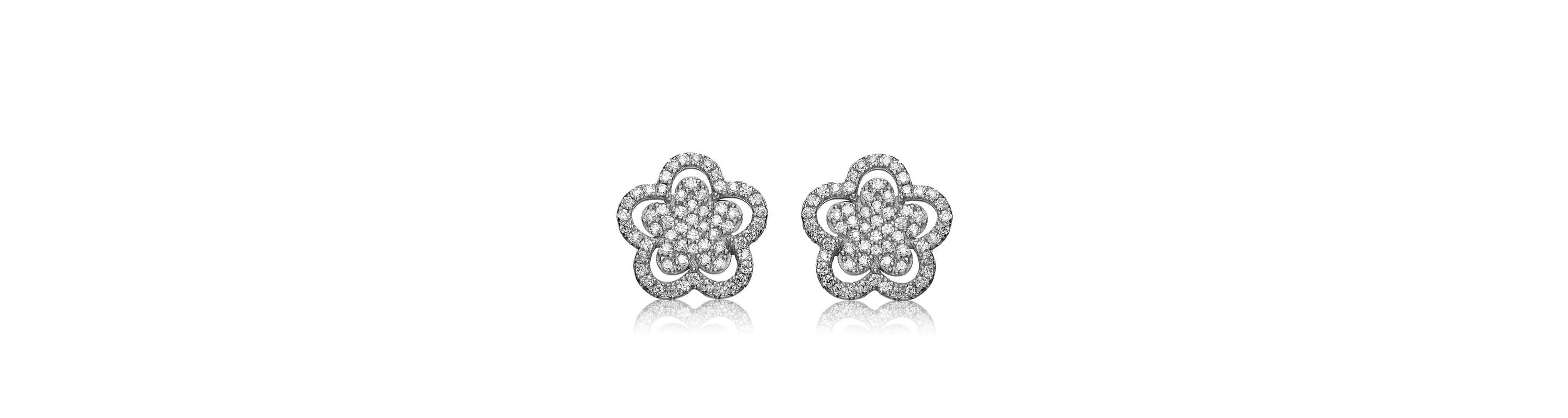 Lab Created Sterling Silver White Gold Plating with Clear Cubic Zirconia Double flower Stud Earrings