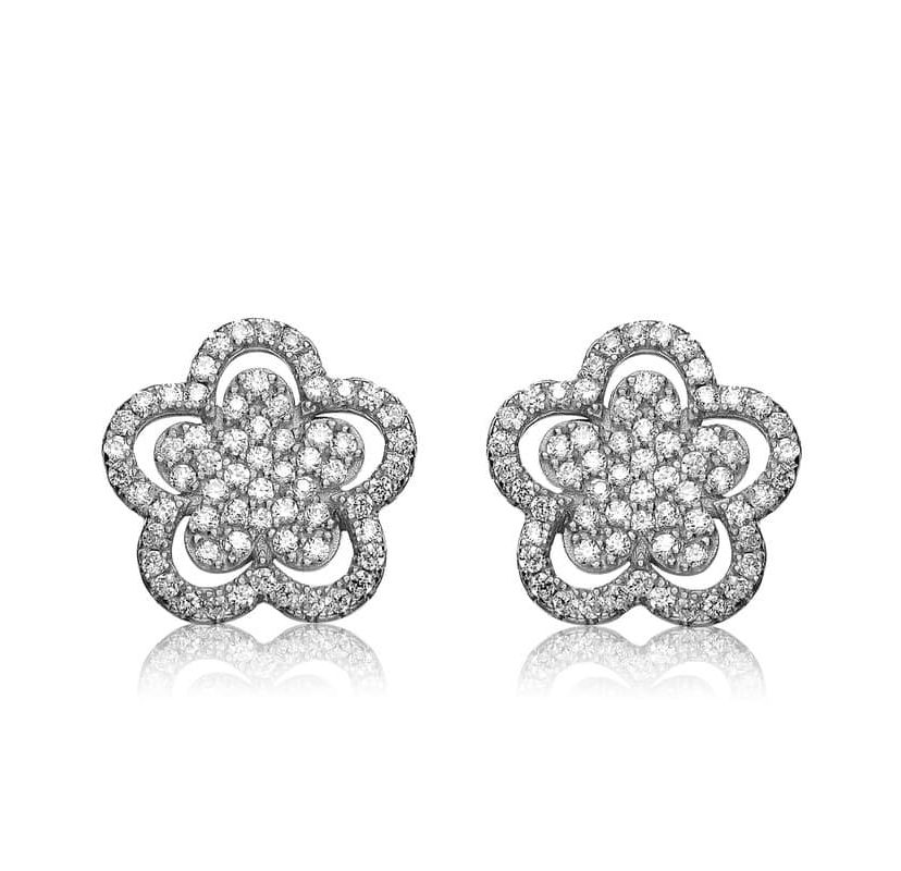 Lab Created Sterling Silver White Gold Plating with Clear Cubic Zirconia Double flower Stud Earrings