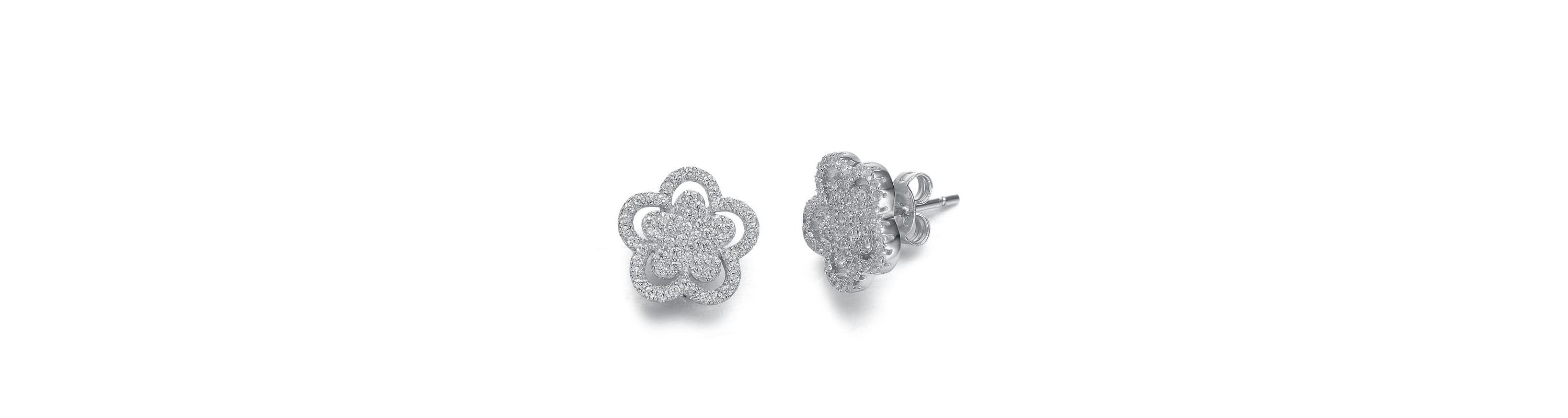 Lab Created Sterling Silver White Gold Plating with Clear Cubic Zirconia Double flower Stud Earrings