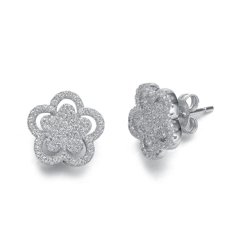Lab Created Sterling Silver White Gold Plating with Clear Cubic Zirconia Double flower Stud Earrings