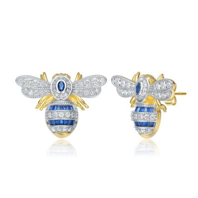 Rozzato Lab Created Sterling Silver 14K Gold Plated with Sapphire Blue Cubic Zirconia Wasp Stud Earrings