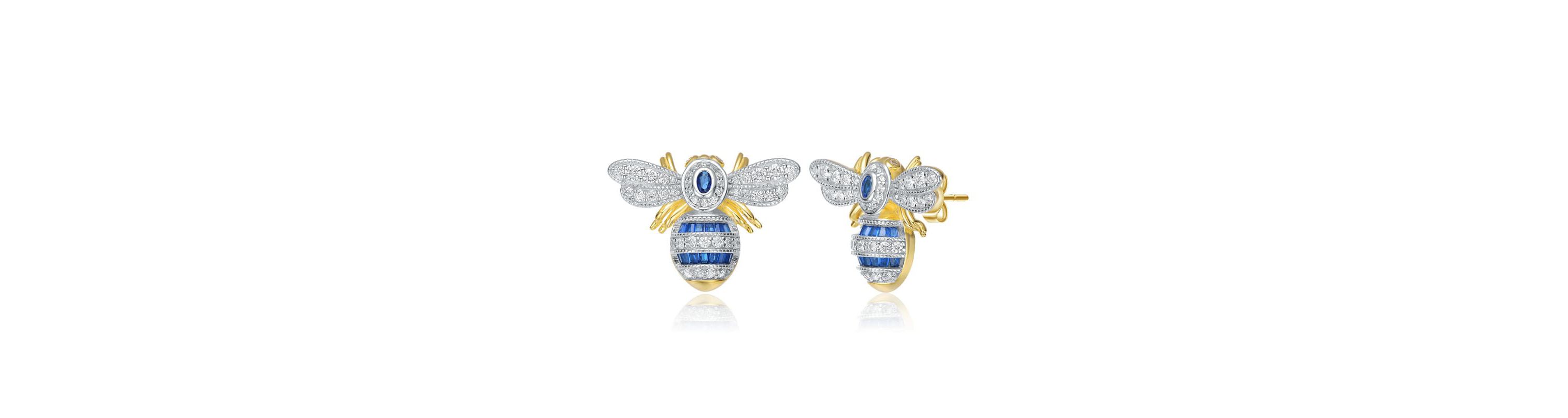 Lab Created Sterling Silver 14K Gold Plated with Sapphire Blue Cubic Zirconia Wasp Stud Earrings