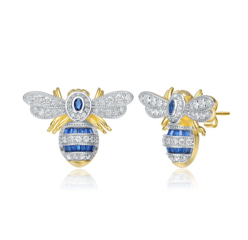 Lab Created Sterling Silver 14K Gold Plated with Sapphire Blue Cubic Zirconia Wasp Stud Earrings
