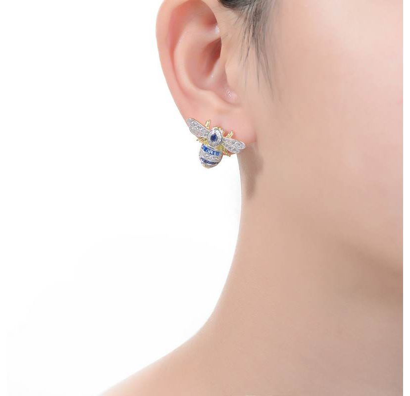 Lab Created Sterling Silver 14K Gold Plated with Sapphire Blue Cubic Zirconia Wasp Stud Earrings