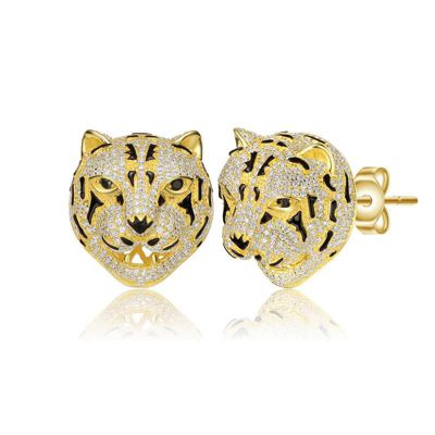 Rozzato Lab Created Sterling Silver 14K Gold Plated with Clear Cubic Zirconia Leopard Head Stud Earrings