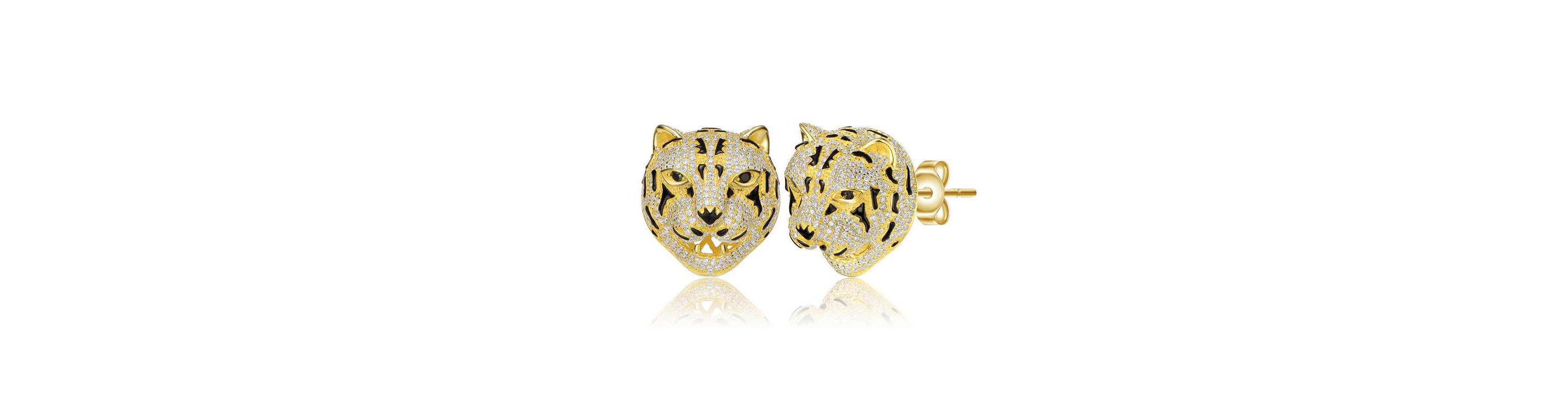 Lab Created Sterling Silver 14K Gold Plated with Clear Cubic Zirconia Leopard Head Stud Earrings