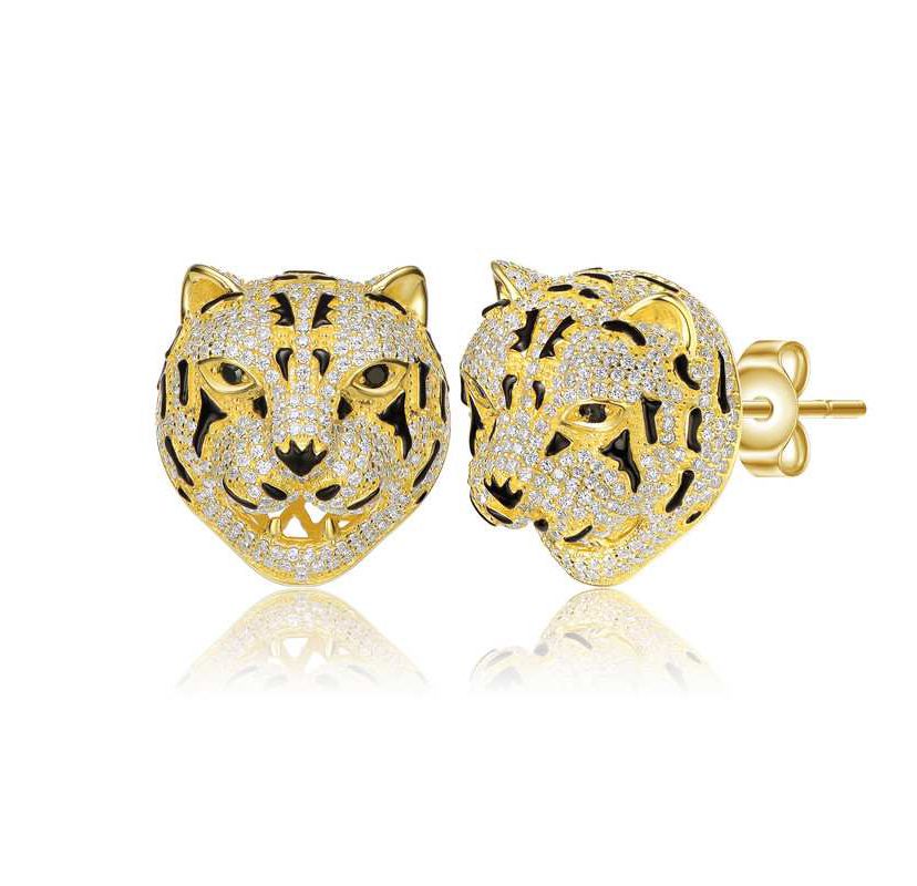 Lab Created Sterling Silver 14K Gold Plated with Clear Cubic Zirconia Leopard Head Stud Earrings