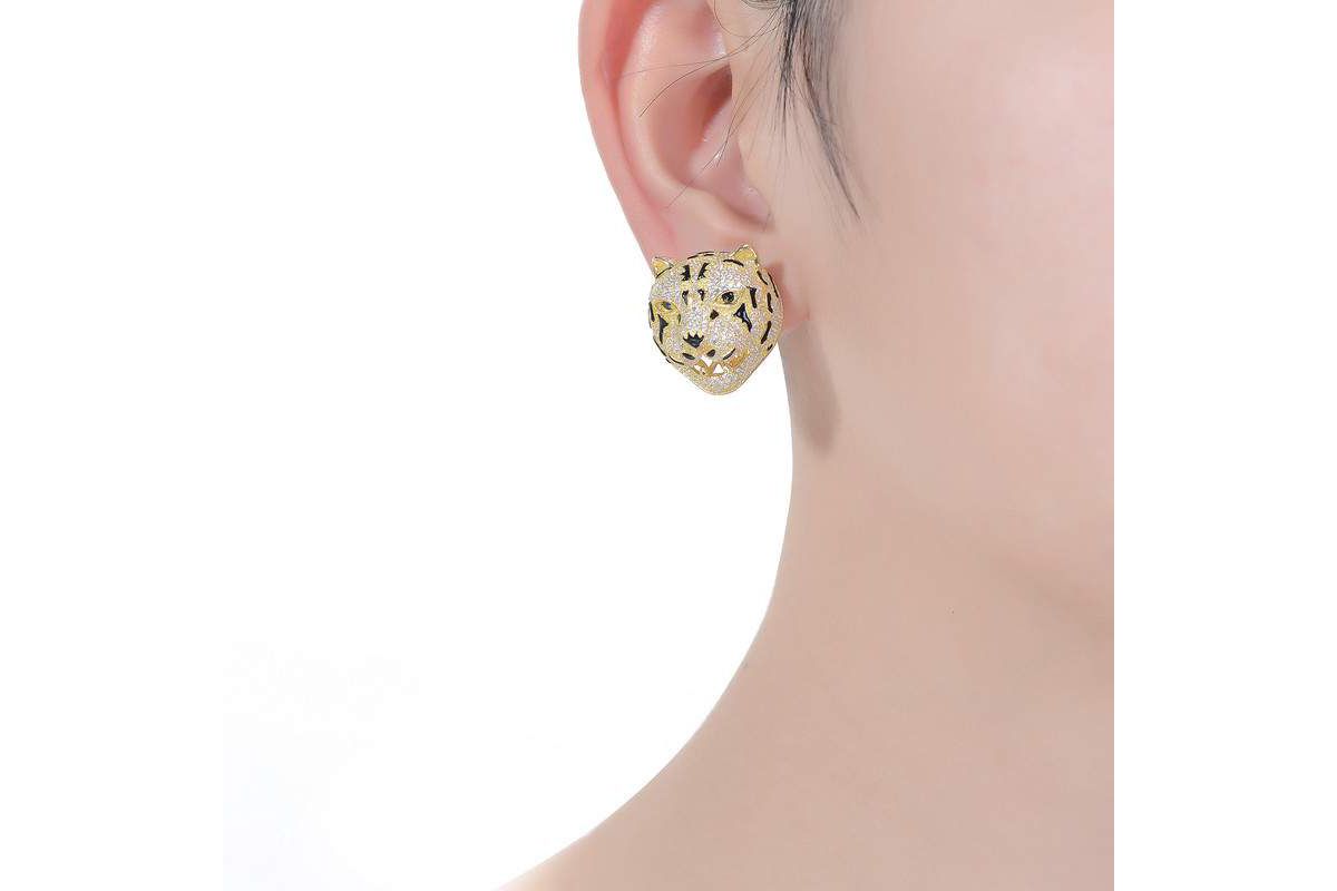 Lab Created Sterling Silver 14K Gold Plated with Clear Cubic Zirconia Leopard Head Stud Earrings