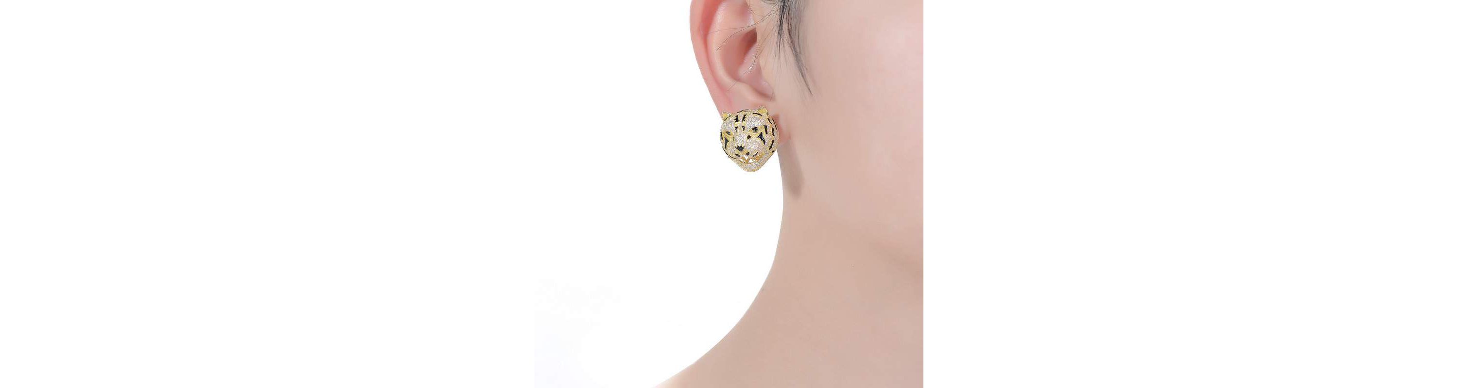 Lab Created Sterling Silver 14K Gold Plated with Clear Cubic Zirconia Leopard Head Stud Earrings