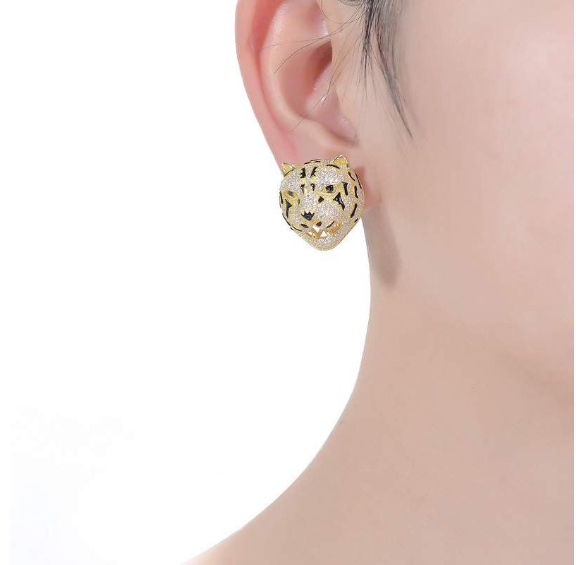 Lab Created Sterling Silver 14K Gold Plated with Clear Cubic Zirconia Leopard Head Stud Earrings