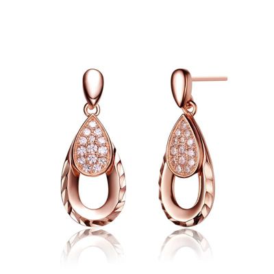 Rozzato Lab Created Sterling Silver 18K Rose Plated with Clear Cubic Zirconia Teardrop Earrings